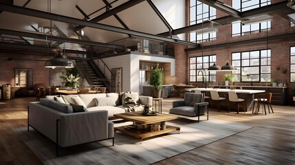 Panorama of a modern loft living room with a panoramic view