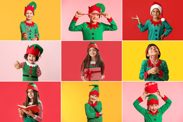 Collage of little children in elf costumes on color background. Christmas celebration