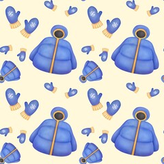 Watercolor blue down jacket with hood, long sleeves, stand-up collar, striped scarf, mittens background. hand-drawn new year seamless pattern. Warm clothes for kids winter holiday activities © Kisandaya