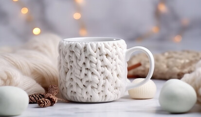 Fototapeta na wymiar Festive Mug with Christmas Pattern and Marshmallow on Cozy White Knitted Background with Garland - Created with Generative AI Tools