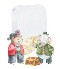 Sea composition. Bear and elephant play pirates. Children party of friends. Old pirate map, wooden box with treasure on isolated background. Cute childish watercolor illustration for posters, wall art