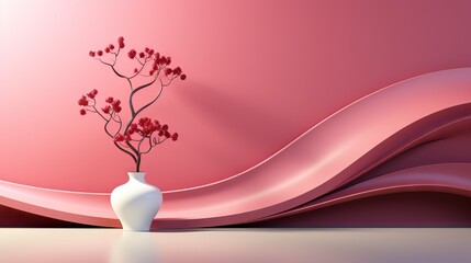 White vase with red blossoms against a pink gradient backdrop with flowing curves