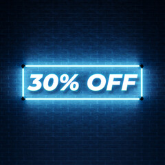 30% off sale neon banner. Mega sale, black Friday, neon glow in dark. Neon discount light signs on a dark background. Percent off 3d Sign Background, Special Offer 30% Discount Tag. 3D Rendering