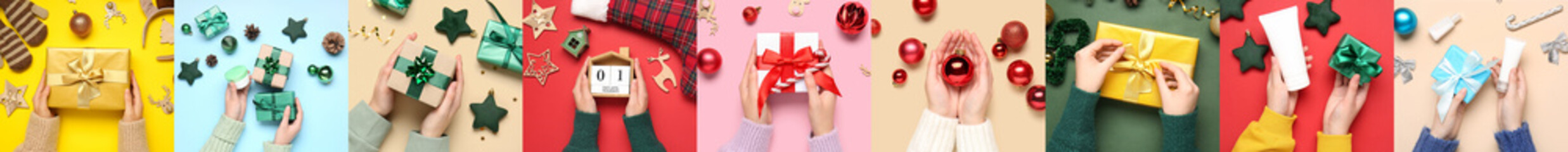 Collage of hands with Christmas gifts, decorations, calendar and cosmetics on color background