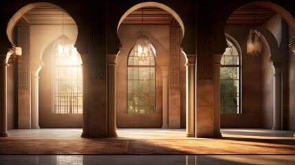 3d rendering of the interior of an old mosque with arches