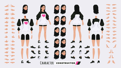 Asian girl, korean woman, cute female character DIY constructor. Oversized crewneck, loose sweatshirt and shorts. Head, leg, hand gestures, different face emotions. Vector cartoon construction kit - obrazy, fototapety, plakaty