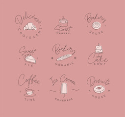 Linear bakery and dessert labels croissant, cupcake, pie, baguette, cake, coffee, ice cream, doughnut with lettering drawing in pen line style on coral background