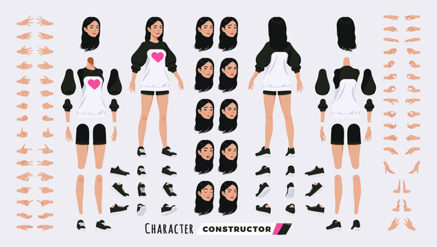 Asian girl, korean woman, cute female character DIY constructor. Oversized crewneck, loose sweatshirt and shorts. Head, leg, hand gestures, different face emotions. Vector cartoon construction kit
