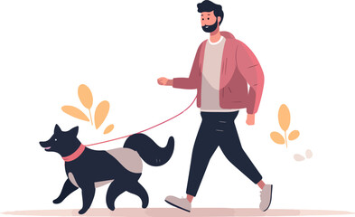Happy person walking their dog  flat illustrations vector