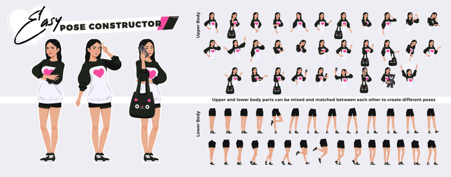 Asian girl, korean woman, oversized crewneck, cute character easy pose constructor. Fashion, beauty, korea pop culture model drag drop set, body match figure building. Vector cartoon construction kit
