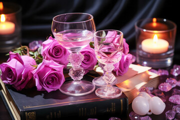 Festive table - wine in glasses, burning candles and a bouquet of roses