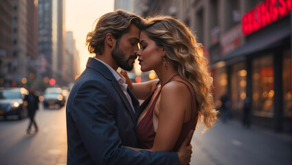 Fototapeta premium A very attractive couple hugs on the street