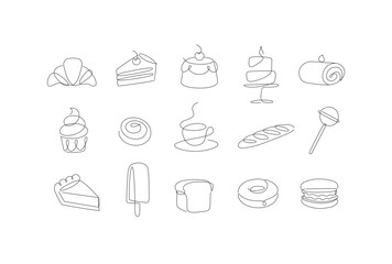 Linear bakery and dessert icons cupcake, lollipop, coffee, baguette, pie, doughnut, ice cream, cake, macaroon, bread, biscuit drawing in pen line style on white background