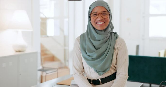 Muslim, office and business woman in portrait with laptop and workspace desk for career success, motivation and international company goal development. Islam, hijab or arabic employee happy with job