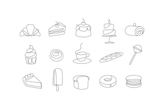 Linear bakery and dessert icons cupcake, lollipop, coffee, baguette, pie, doughnut, ice cream, cake, macaroon, bread, biscuit drawing in pen line style on white background