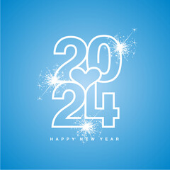 Love 2024 Happy New Year 2024 beautiful love heart white modern line design typography logo light blue background greeting card
