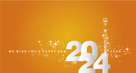 We wish you a Happy New Year 2024 event new elegant style calendar numbers shining silver white orange yellow greeting card