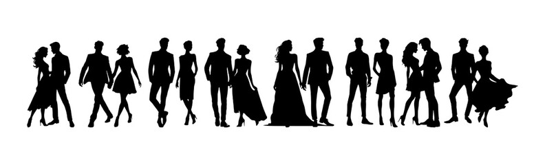 Vector illustration. Couples of men and women. Ball. Podium. Silhouettes of people. Large set.