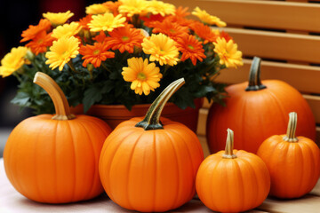 Naklejka na ściany i meble Halloween: a bunch of beautiful orange pumpkins and a bouquet of flowers