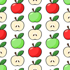 Apples vector seamless pattern. Red and green apples and cut slices on white background. Best for textile, wallpapers, kitchen decoration, wrapping paper, package and your design.