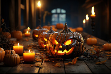 Halloween - Jack O' Lanterns - Candles And String Lights On Wooden Table. Generative Ai.