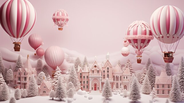 Pink city and pink balloons on pink sky. Generative AI