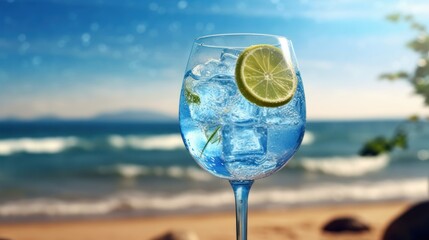 Gin Tonic  with ice and lemon on a wooden table in front of the sea. Alcohol Concept. Background with Copy Space.
