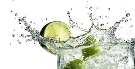 Gin Tonic splashing into a glass, isolated on white background. Alcohol Concept. Background with Copy Space.