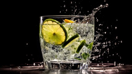Gin Tonic with ice cubes, lemon and rosemary on black background. Alcohol Concept. Background with Copy Space. - obrazy, fototapety, plakaty