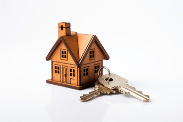 House keys and house model as keychain on white background. Mortgage, investment, real estate, property and new home concept. Generative AI