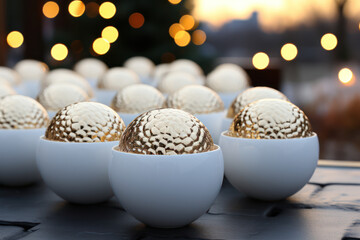 Fototapeta premium Decorative christmas white balls on a tree with bokeh in the background. Generative Ai.