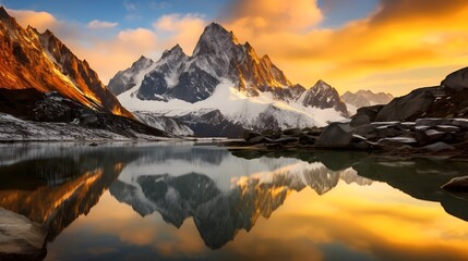 Panoramic view of snowy mountain peaks reflected in the lake.