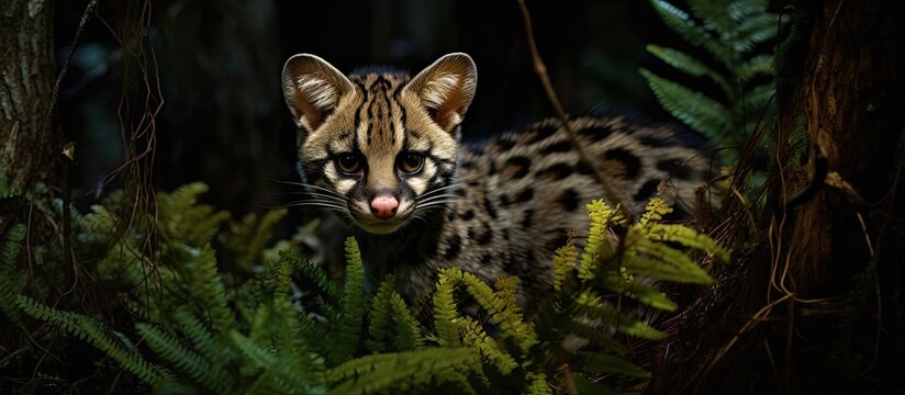 Male Genet in forest territory during evening among oaks and pines