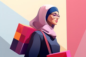 bright illustration of a Muslim woman in a hijab, with bags and shopping bags