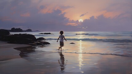 Fototapeta premium At dusk on a beach, two kids are running toward the ocean.