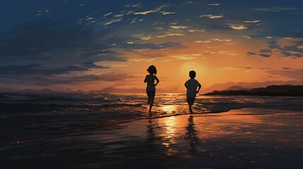 At dusk on a beach, two kids are running toward the ocean.