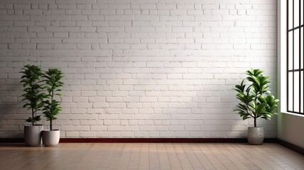 an indoor space with a striking white wall, a textured brick back wall, and sleek black tile flooring, perfect for modern interior design concepts.