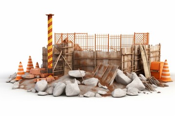rendered 3D image of construction site with barricade isolated on white. Generative AI - obrazy, fototapety, plakaty