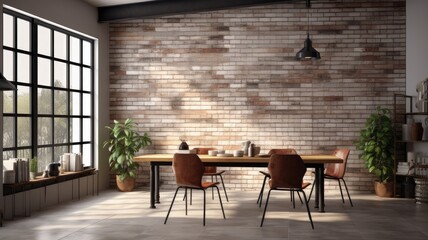 an indoor space with a striking white wall, a textured brick back wall, and sleek black tile flooring, perfect for modern interior design concepts.