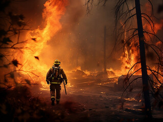 Obraz premium Into the Inferno: A Firefighter Battling a Forest Fire, Perfect for Environmental Awareness Campaigns and Emergency Services Training Materials