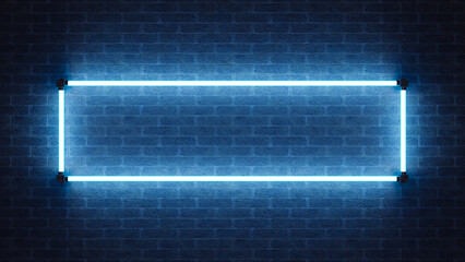 Abstract blue background with Neon blue board on the wall. Neon rectangle frame or neon lights horizontal sign. Abstract background, tunnel, portal. Geometric glow outline shape. 3D Rendering