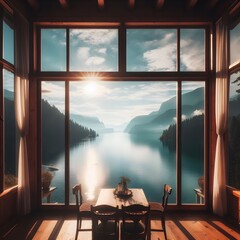 Through the windows, you can see a breathtaking view of the calm, tranquil lake just outside. The water shimmers with the reflection of the morning sun