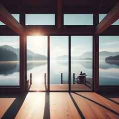 Fototapeta premium Through the windows, you can see a breathtaking view of the calm, tranquil lake just outside. The water shimmers with the reflection of the morning sun