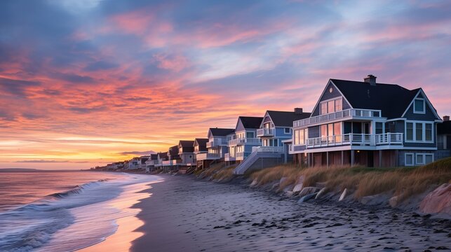 Sunrise view of beachfront homes in Weekapaug, Westerly, Rhode Island, USA