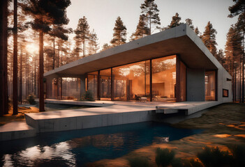 Modern house with swimming pool in the forest at sunset. AI generated.