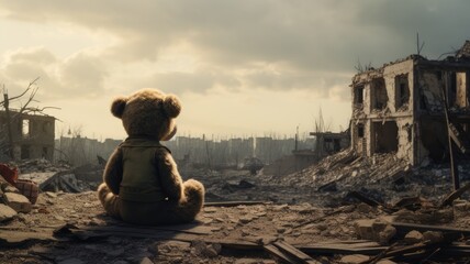 a bear toy as it stands amid the ruins and wreckage of conflict, drawing attention to the universal need for peace.