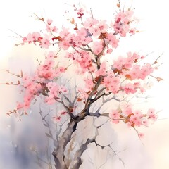Watercolor painting of cherry blossom tree branch on white background.
