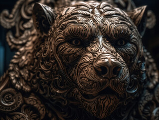Close up portrait of a bear with oriental ornament woodcarving elements background