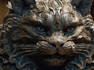 Close up portrait of a cat with oriental ornament woodcarving elements background