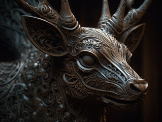 Close up portrait of a deer with oriental ornament woodcarving elements background